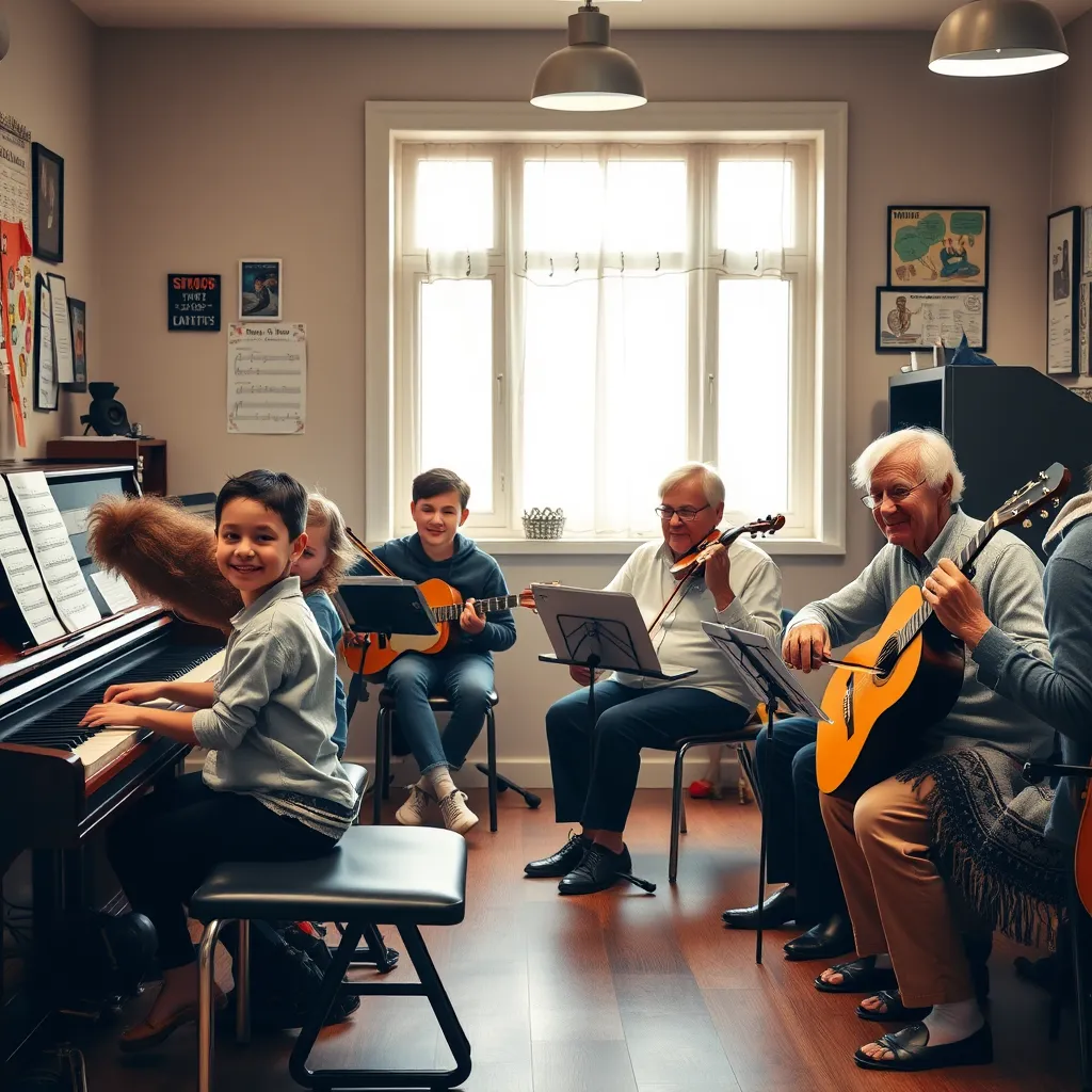 A diverse group of people, ranging from young children to elderly adults, are sitting at various musical instruments, including a piano, guitar, violin, and voice practice with a teacher. They appear engaged and happy in a cozy, well-lit music room with musical notes and posters on the walls.