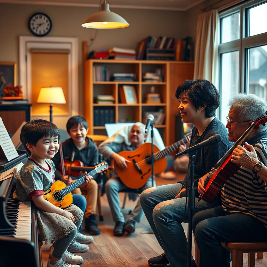 A diverse group of students, from a young child to an elderly person, sitting with musical instruments such as a piano, guitar, violin, and microphone in a cozy, well-lit music room. The teacher, mid-30s with short dark hair, is smiling and providing instruction to the students.