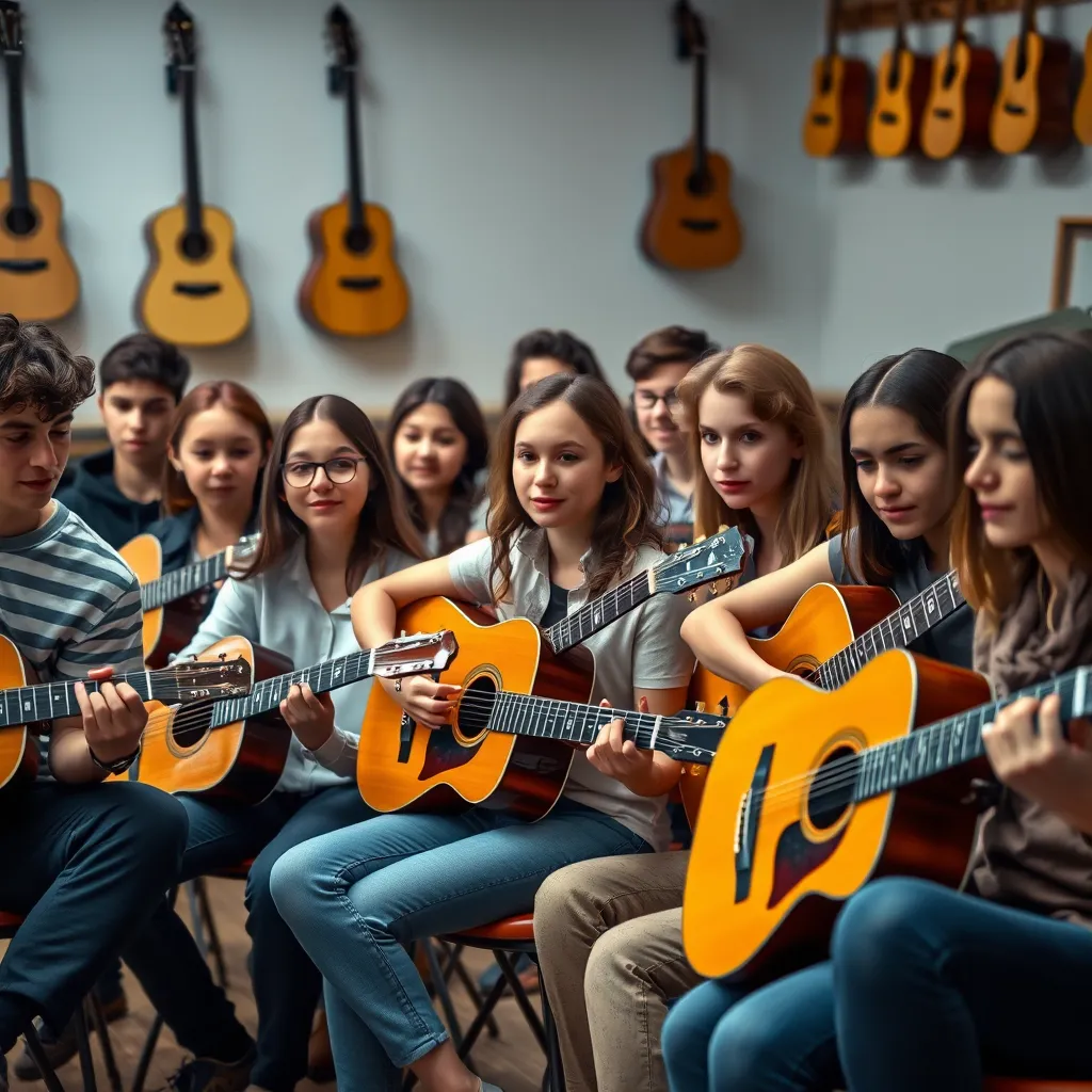 A diverse group of students, ranging from teenagers to adults, seated in a semi-circle, each holding an acoustic guitar. They are in mid-strum, with attentive expressions. The background shows a cozy music room with guitars hanging on the wall.