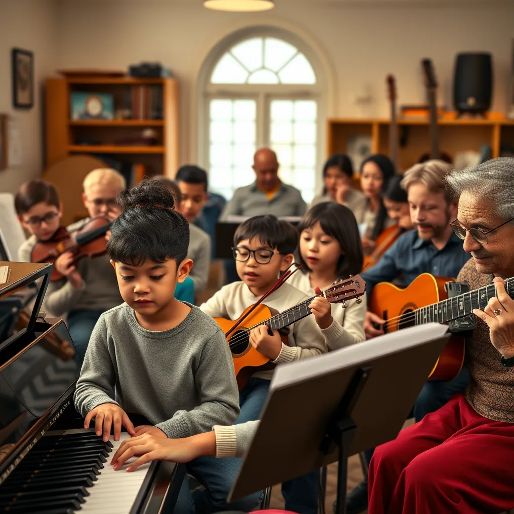 A diverse group of students, ranging in age from children to seniors, engaged in various music lessons like piano, guitar, violin, and singing. The scene is warm and inviting, representing a cozy music school environment with musical instruments in the background.