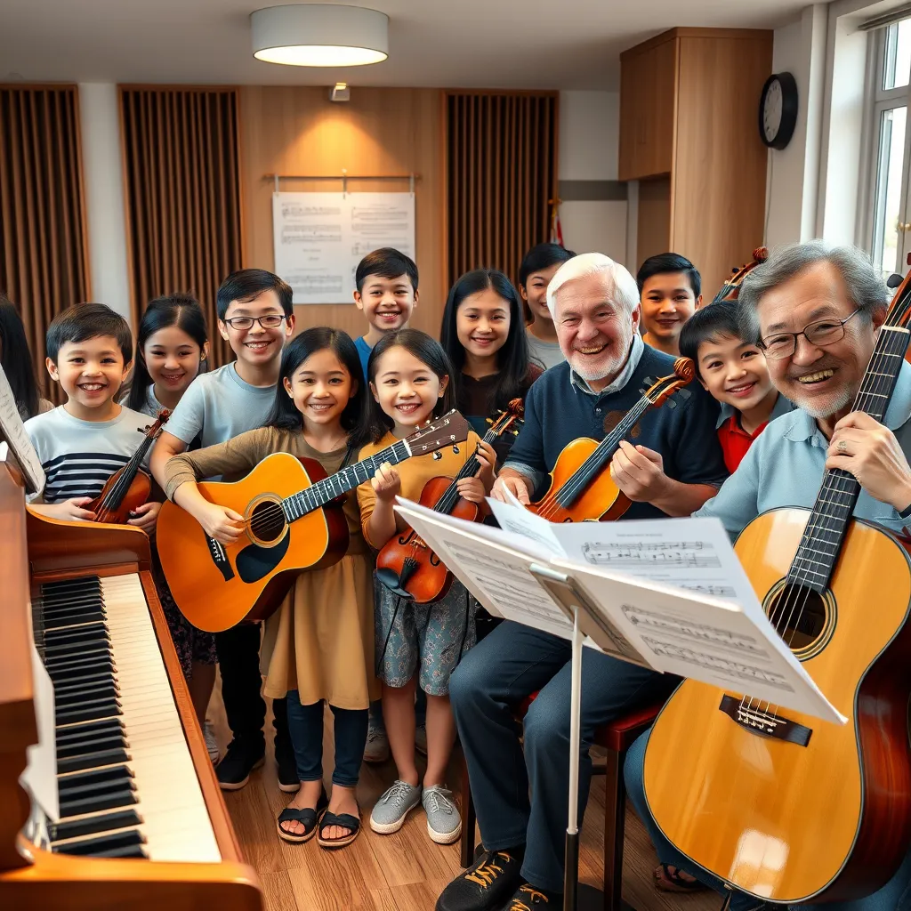 A diverse group of students of various ages, from a young child to an elderly person, all smiling and holding different musical instruments like piano, guitar, violin, and sheet music in a cozy, well-lit music studio.