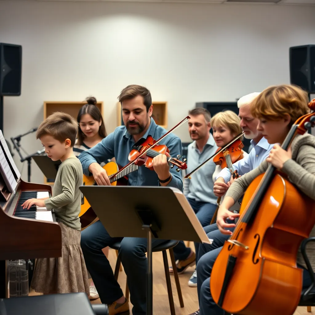 A diverse group of students of different ages, from a young child to a retired person, each playing a different instrument (piano, guitar, violin, singing), with a friendly and professional music teacher guiding them in a modern, well-equipped music studio.