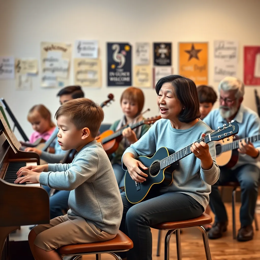 A diverse group of students ranging from a young child to an elderly individual, each engaged in playing different musical instruments like piano, guitar, violin, and singing. The background shows a welcoming music studio with posters of musical notes.