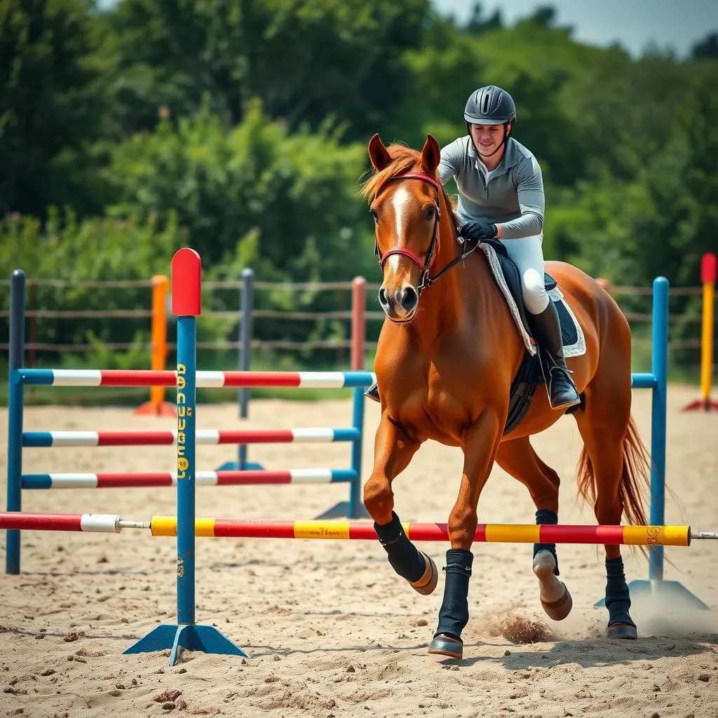 A dynamic action shot of a trainer guiding a chestnut horse through a colorful obstacle course set in a sandy arena. The trainer, wearing riding boots and a helmet, displays a focused expression, while the horse exhibits determination and agility, with surrounding greenery visible in the background.