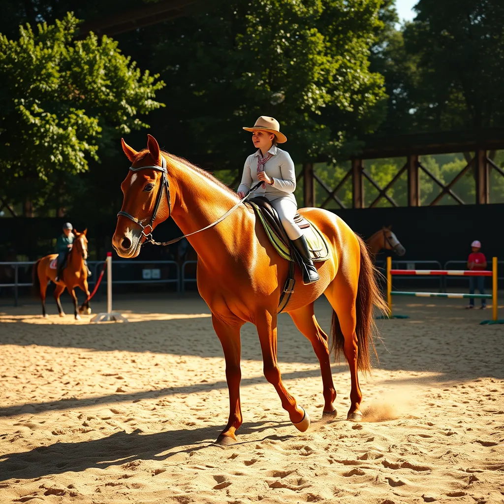 A dynamic scene capturing a riding lesson at Green Meadow Stables, featuring a professional instructor guiding a young rider on a chestnut horse in a sunlit sand arena. The image showcases dramatic side lighting that accentuates the riders, horses, and the rich textures of the sand. The color palette blends warm golden hues with vibrant greens surrounding the arena. The camera angle focuses on a three-quarter perspective, depicting the interaction between the instructor and the rider. In the background, other riders take lessons, with children joyously practicing jumps. The atmosphere is energetic and supportive, evoking a sense of community. Include details such as riding gear and jumps in the arena, and ensure an ultra-detailed finish with hyperrealistic qualities in 8K resolution.