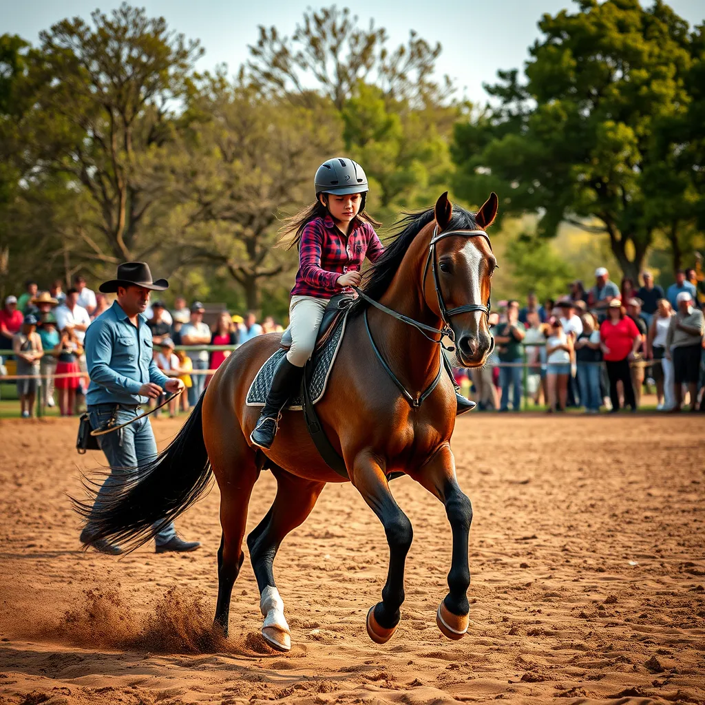 A dynamic scene of a riding lesson taking place in a sand arena. An experienced instructor is guiding a young rider on a well-groomed horse. Surrounding trees and spectators in the background should enhance the vibrant atmosphere of the lesson.