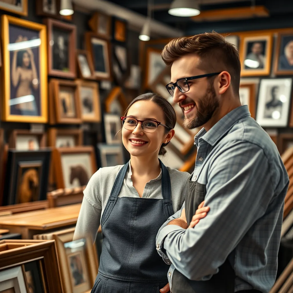 A friendly, knowledgeable staff member warmly advising a customer in a picture framing store. The background showcases an array of framing options and tools, highlighting an engaging and helpful atmosphere, emphasizing personalized service.