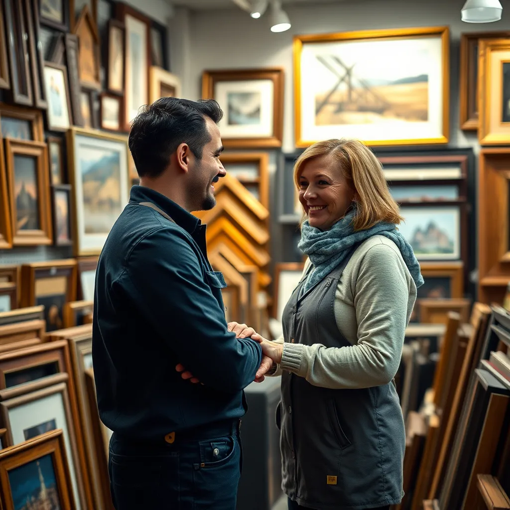 A friendly and knowledgeable staff member assisting a customer in a framing shop filled with a variety of frames and artwork. The scene conveys a warm and inviting atmosphere, highlighting strong customer service and personal attention in the framing process.