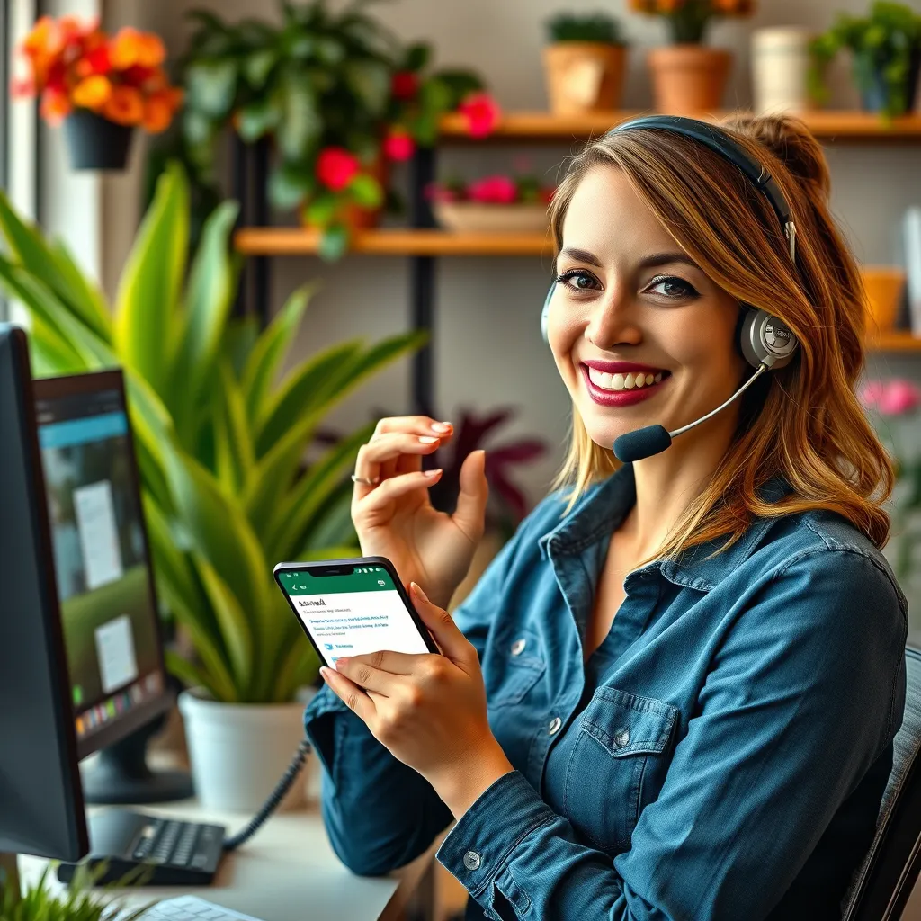 A friendly customer service representative holding a phone with a headset, in an office setting decorated with vibrant plants and lawn care materials, showcasing a welcoming atmosphere. Include a computer with an email interface open, implying ease of contact.
