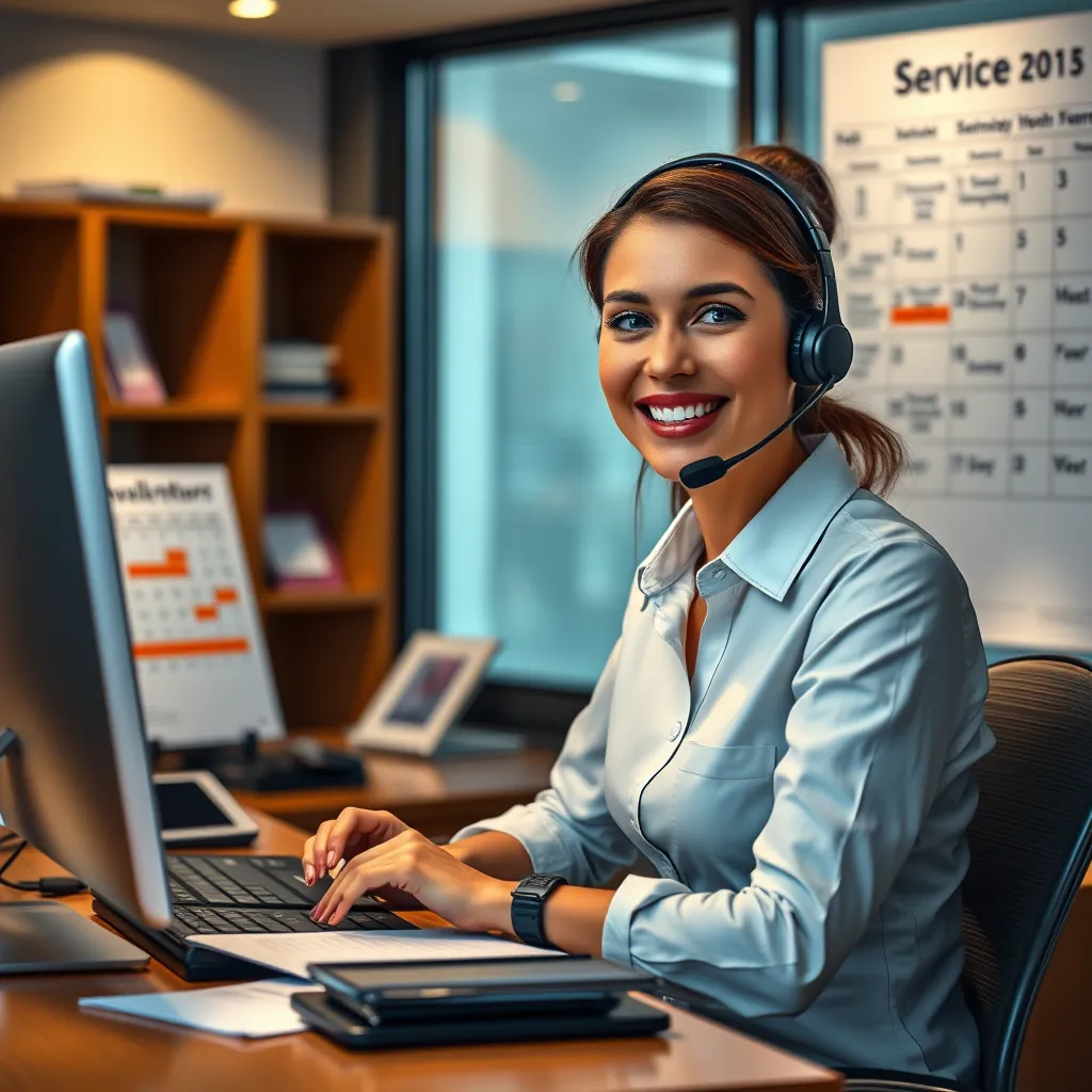 A friendly customer service representative at a desk, answering calls and emails with an open calendar in the background, indicating available service hours. The office is well-organized and professional, reflecting a trustworthy and dedicated service environment.