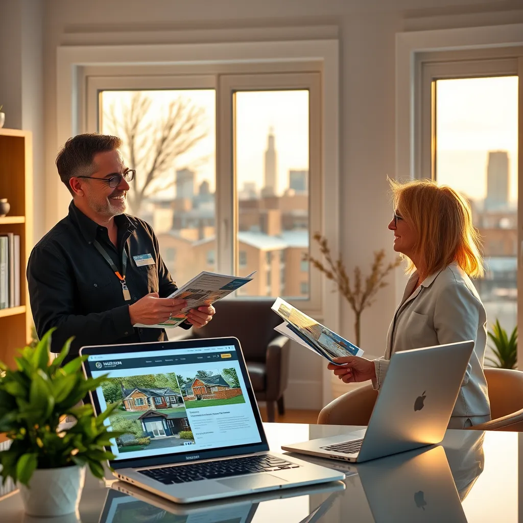 A friendly customer service representative speaking with a homeowner about irrigation and lighting solutions in a bright office setting, showcasing pamphlets and a laptop with project designs, with Boston's skyline visible through the window.