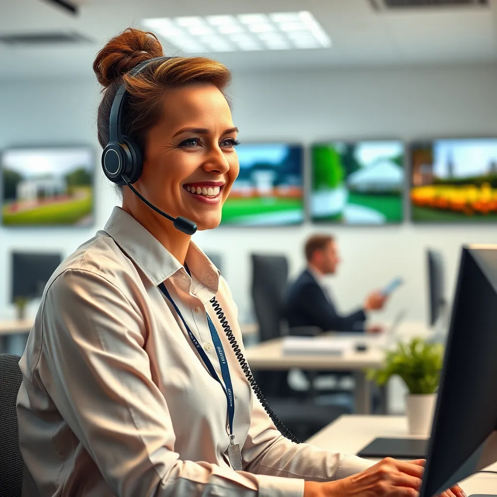 A friendly customer service representative talking on the phone with a satisfied client. The background shows a busy office environment, with wall-mounted images of beautiful lawns and lighting installations in Boston.