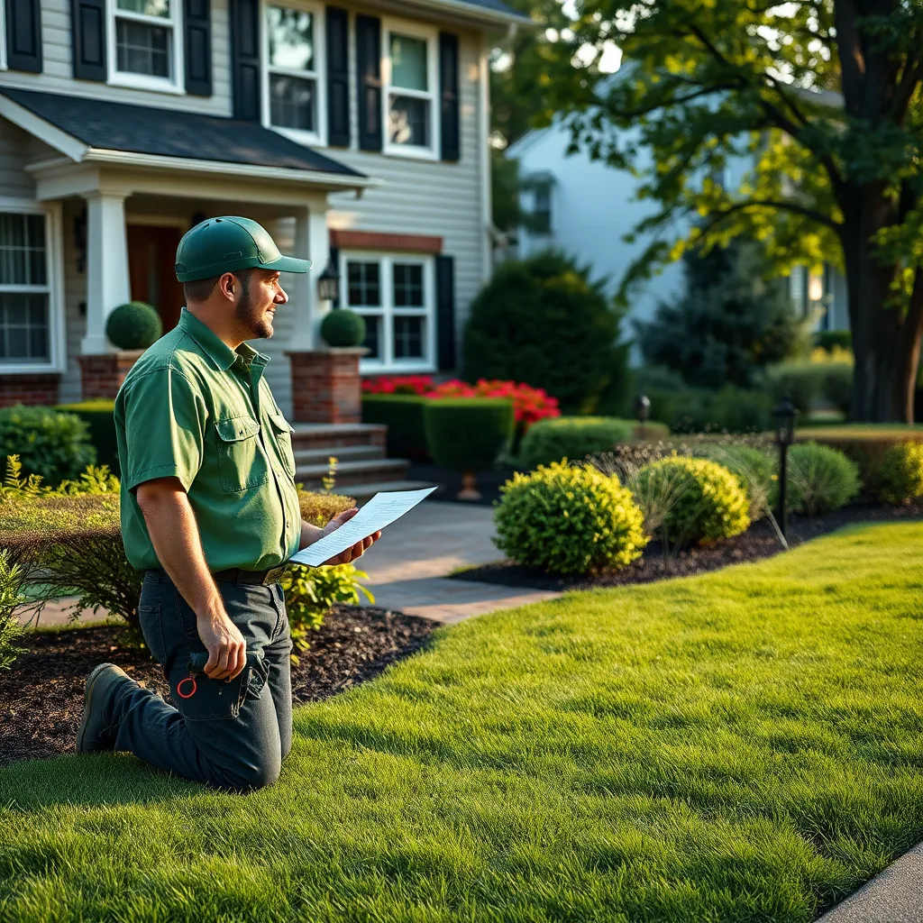 A friendly lawn care professional in a green uniform discussing sprinkler systems with a homeowner in a well-maintained Boston front yard, with various sprinkler designs and options illustrated nearby.