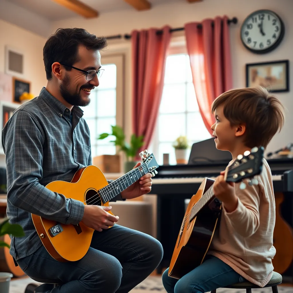 A friendly music teacher giving a lesson to a young student at home, with a piano and guitar in the background. Alternative scene showing the teacher in a well-equipped, cozy music studio with a clock showing flexible lesson times.