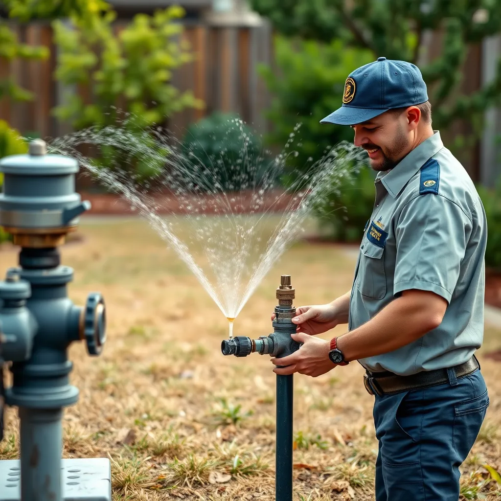 A friendly technician in uniform inspecting a sprinkler system in a backyard. The scene shows a well-maintained yard with dry grass and greenery, while the technician is checking the valves and sprinkler heads.