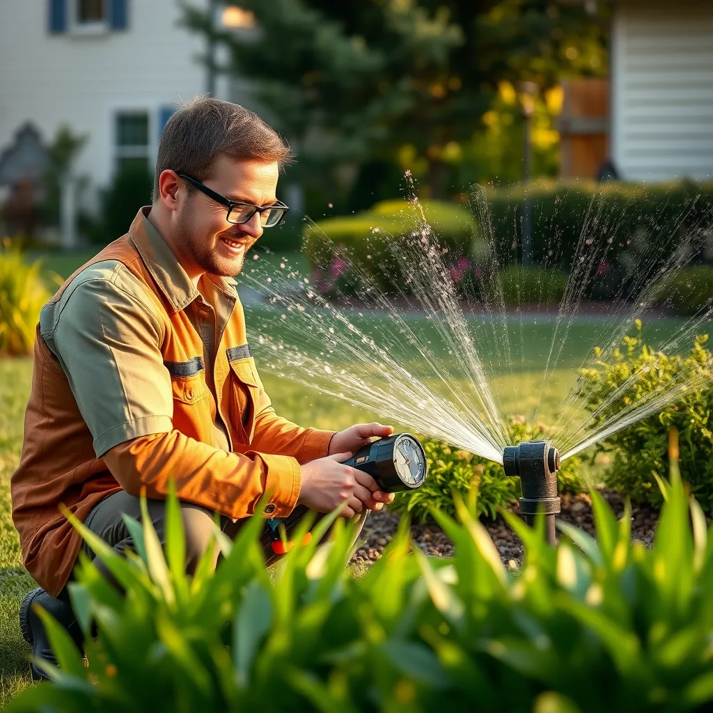 A friendly technician inspecting a sprinkler system in a residential yard. The technician is using specialized tools while checking for leaks, optimizing settings, and ensuring everything is functioning well amidst a healthy, green landscape.