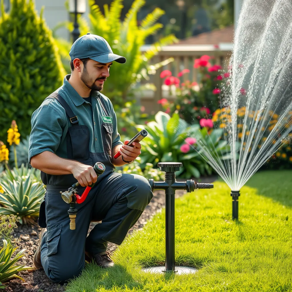 A friendly technician inspecting a sprinkler system, holding tools and checking valves. The scene highlights a well-maintained lawn and a variety of plants, with detailed close-ups of the sprinkler heads and repair equipment.