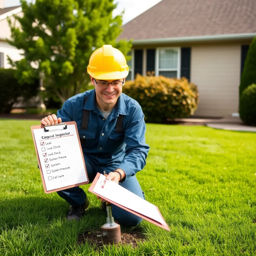 A friendly technician inspecting a lawn sprinkler system in a homeowner's yard, checking wiring and valves with tools in hand. The scene shows a well-maintained lawn, with visual indicators like a checklist on a clipboard highlighting aspects being observed, such as 'leak check' and 'system pressure'.