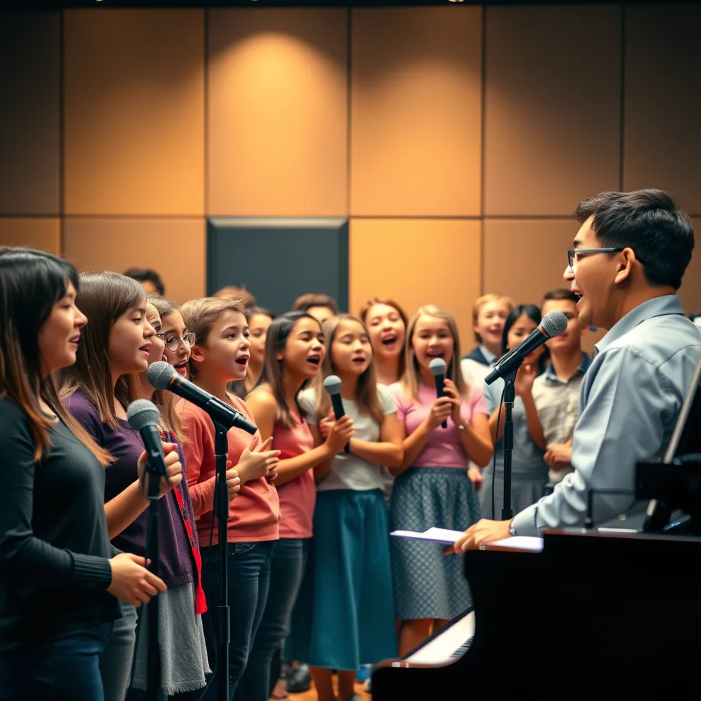 A group of students, including children, teenagers, and adults, standing in front of microphones, singing with enthusiasm. The setting is a professional music studio with soundproof walls, and the instructor is guiding them from a piano.