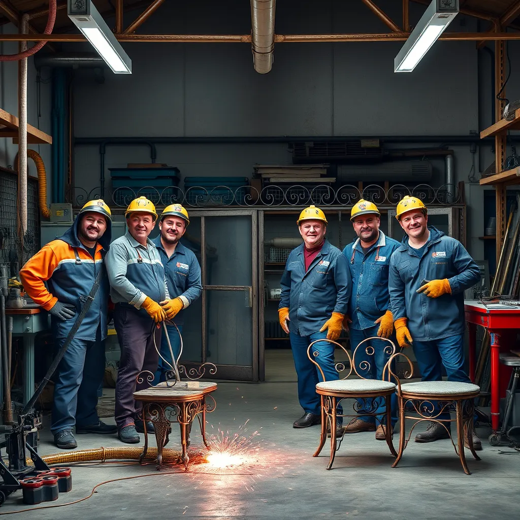 A group photo of the certified welding crew in their workshop, wearing protective gear, surrounded by various metalwork tools and finished projects, such as ornate gates and furniture.