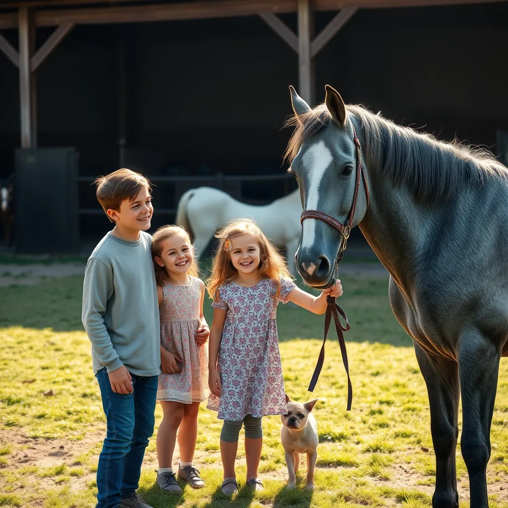 A happy family of four, including two children, interacting with a friendly gray horse. The family is on a grassy area in the stable, smiling and petting the horse. The sun is shining, illuminating their joy and love for animals, with the stables subtly visible in the background.