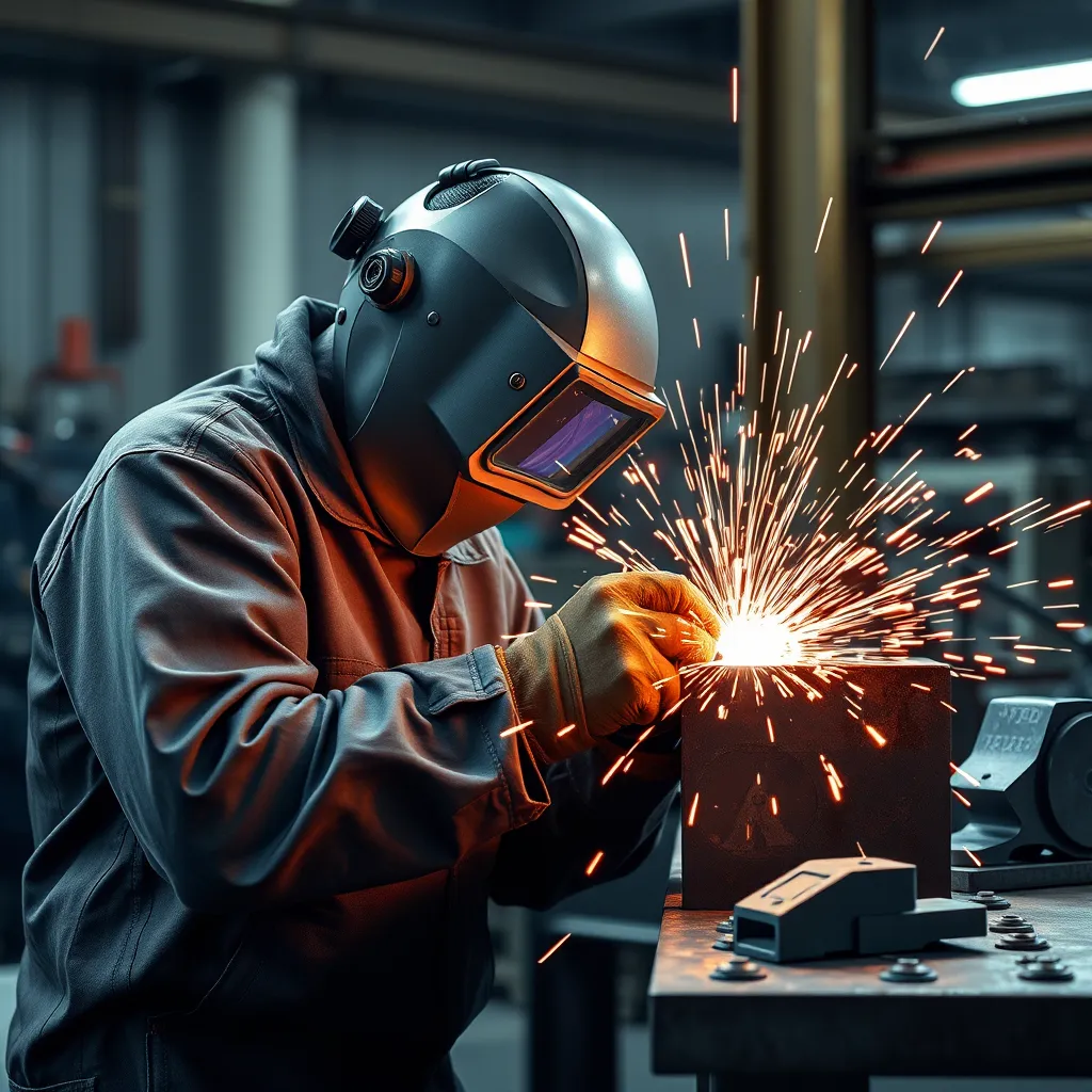 A high-quality, photorealistic image of a welder in protective gear performing TIG welding on a steel structure. Sparks flying around, the scene has an industrial background with welding equipment and finished metal pieces showcasing different welding techniques.