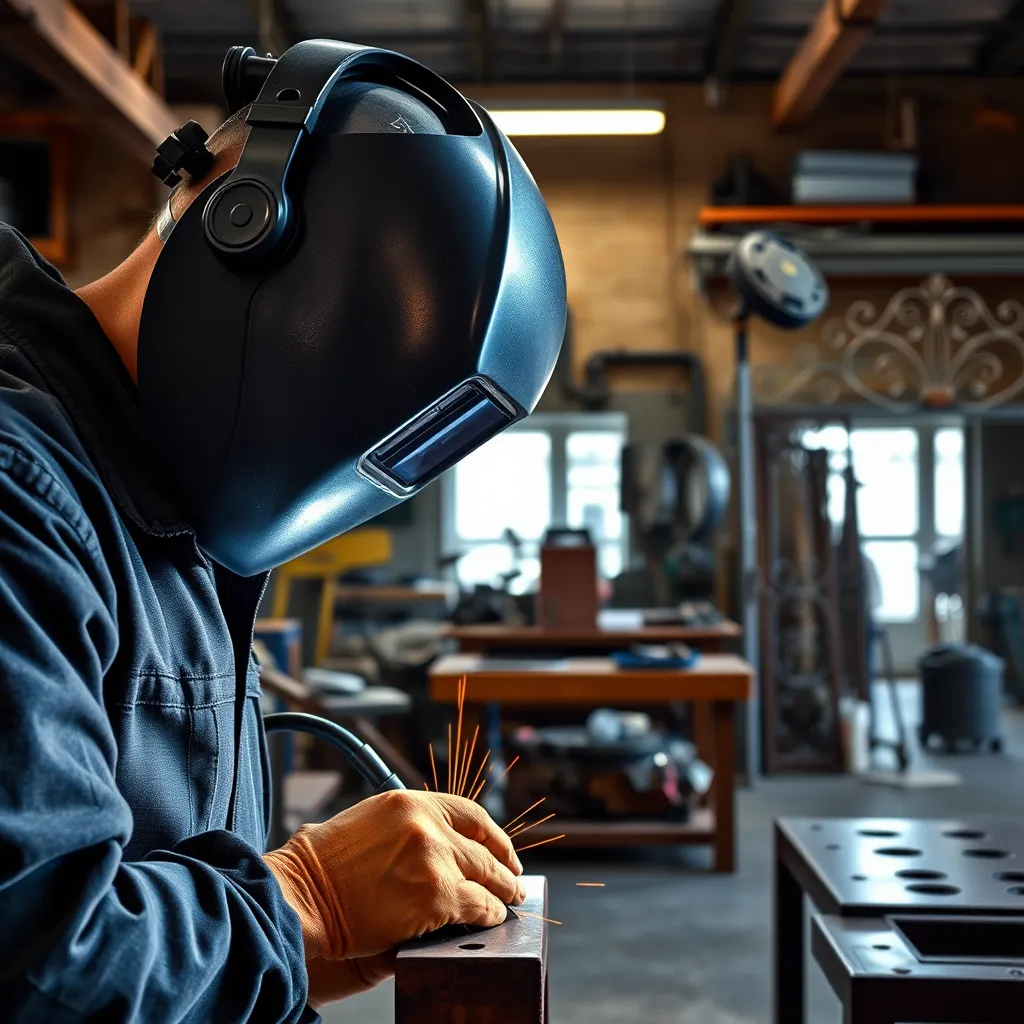 A high-quality, photorealistic image of a busy welding workshop. In the foreground, a welder in protective gear is performing TIG welding on a piece of metal. In the background, various metalworking tools and forged gates and furniture are visible, showcasing a wide range of services.