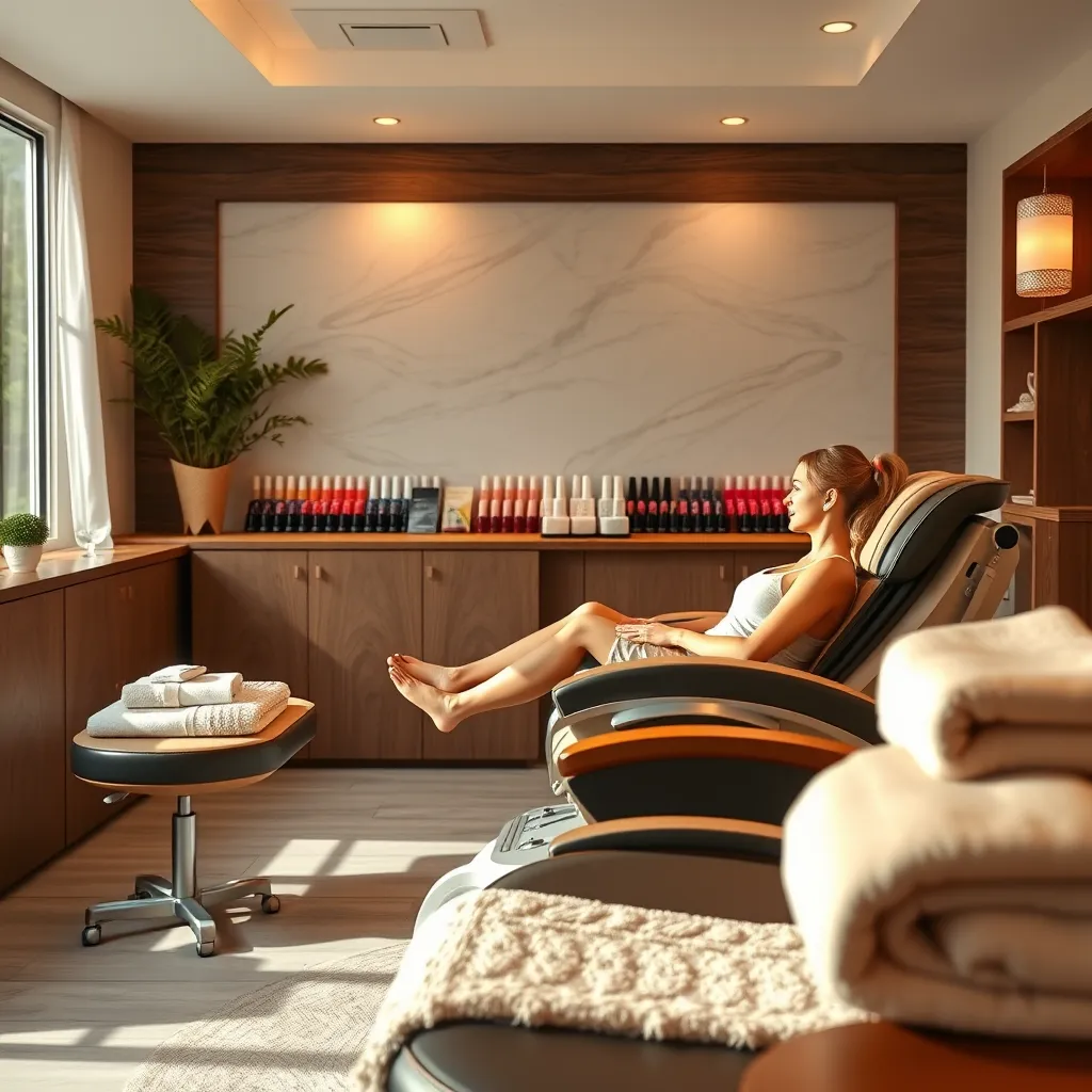 A high-quality, photorealistic image of a serene spa pedicure area at Mariposa Nails, highlighting a client receiving a spa pedicure. Show a comfortable pedicure chair, warm towels, and a selection of nail polish colors in the background, with soothing decor and natural lighting.