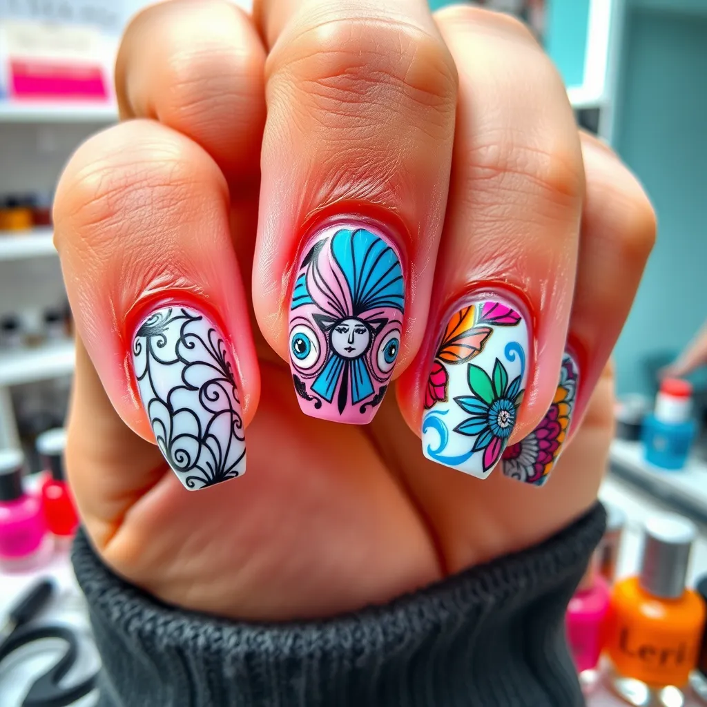 A high-quality, photorealistic image of a close-up view of beautifully designed nails featuring intricate patterns and colors. Each nail showcases a unique design, set against a clean nail salon backdrop with professional tools and vibrant nail polish bottles surrounding the workspace.