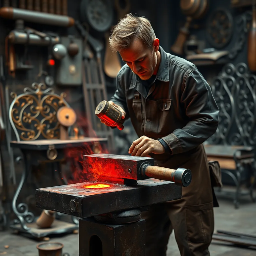 A high-quality, photorealistic image of a blacksmith shaping red-hot iron on an anvil with a hammer. The workshop background is filled with metalworking tools and partially completed ornate steel furniture, showcasing the craftsmanship and artistry involved.
