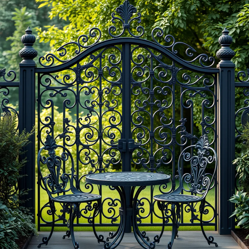 A high-quality, photorealistic image of a beautifully designed cast iron gate adorned with intricate patterns. The gate is set in an elegant garden. Also, include a cast iron chair and table set displaying fine craftsmanship, with lush green foliage in the background.