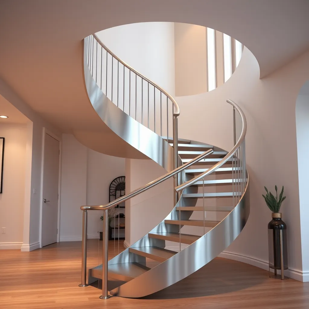 A high-quality, photorealistic image of a modern, custom-installed metal staircase with sleek railings in a contemporary home. The staircase, with a smooth, polished metallic finish, spirals gracefully upwards, surrounded by minimalist interior decor.