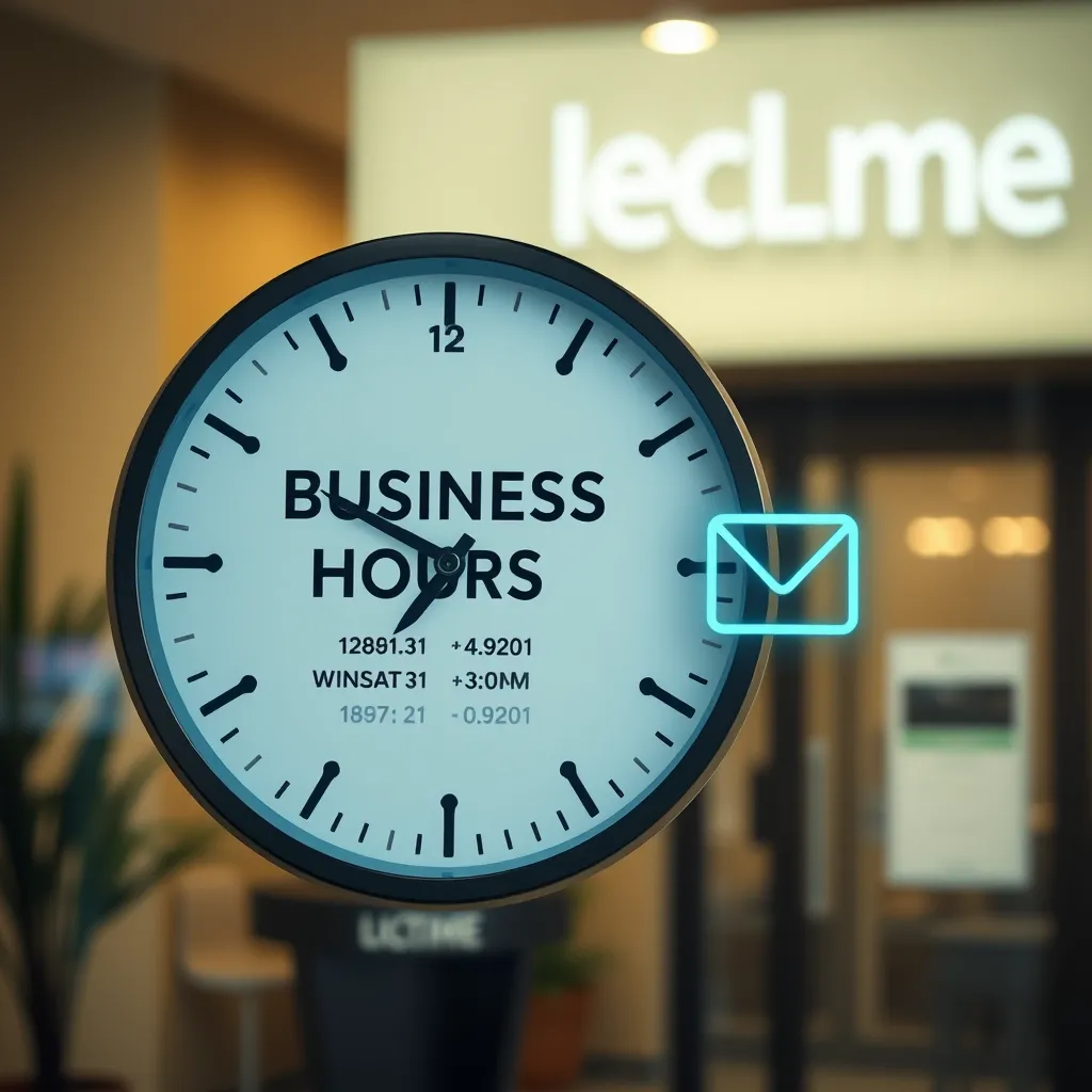 A high-quality, photorealistic image of a modern commercial clock showing business hours next to a phone and email symbol. The background includes a welcoming, approachable business front or office entrance, indicating accessible communication.