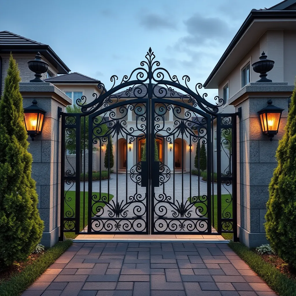 A high-quality, photorealistic image of a newly installed decorative wrought iron gate and railing on the entrance of a beautiful residential property. The gate features intricate detailing, showing the expertise in metal construction and design.