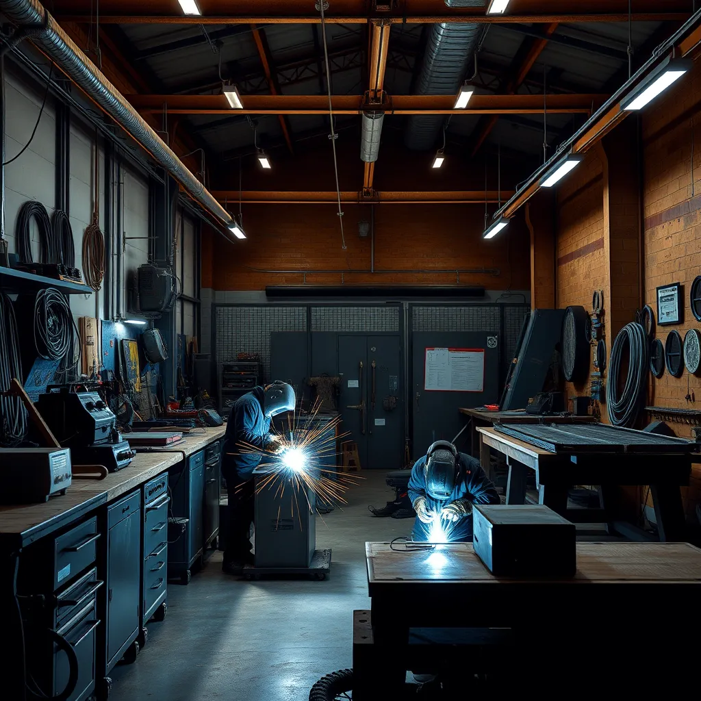 A high-quality, photorealistic image of a modern welding workshop in Chicago, showcasing experienced welders in action, using advanced welding equipment. The space should have well-organized tools and completed projects like gates and metal furniture.
