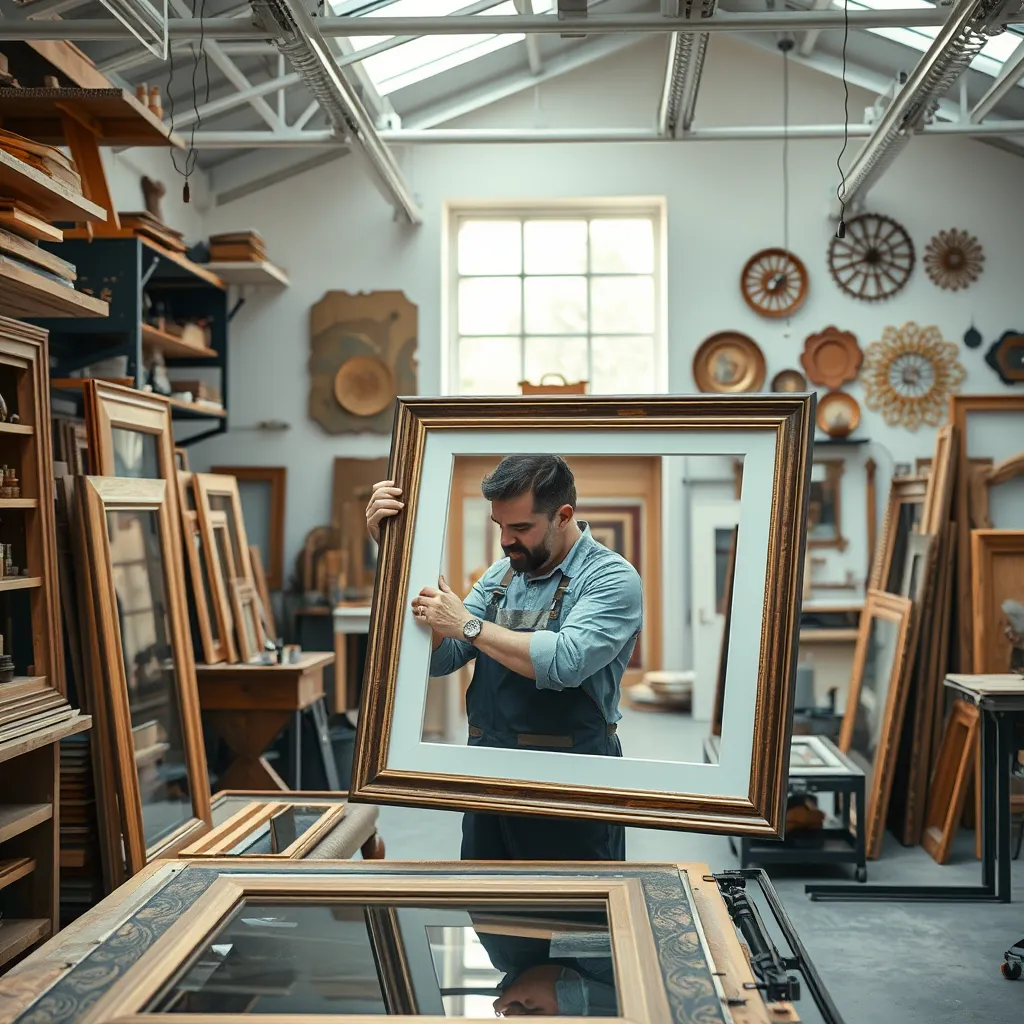 A high-quality, photorealistic image showcasing a craftsman carefully framing a piece of artwork in a bright, airy workshop, surrounded by various framing materials like wood, glass, and decorative elements, emphasizing the artistry involved in custom framing.