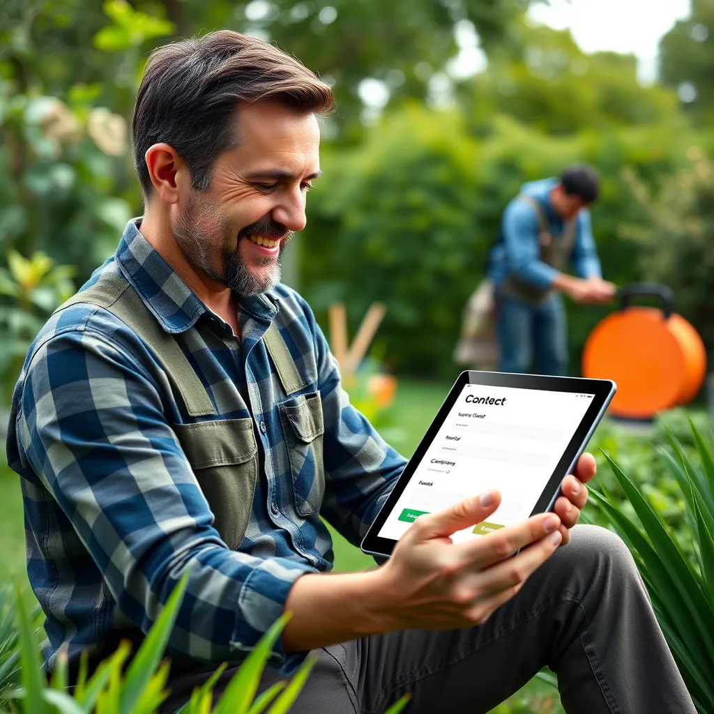 A high-quality image depicting a satisfied customer interacting with the contact form on a tablet in a green garden. Include visuals of happy lawn care professionals working in the background, showcasing the care and attention given to services.