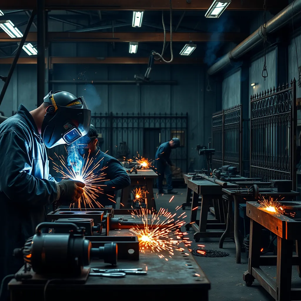 A high-quality image of a busy welding workshop with sparks flying, showing skilled welders using different techniques like Shielded Metal Arc Welding and TIG welding. Include scenes of forming, cutting, and forging with tools and finished metal pieces like gates and furniture in the background.
