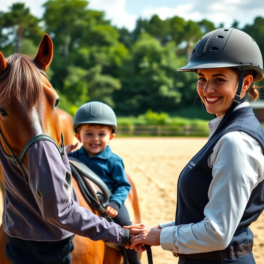 A high-quality image of a professional riding instructor teaching a young rider at a picturesque outdoor sand arena. Both are smiling, with well-groomed horses and lush greenery in the background, representing a nurturing training environment.