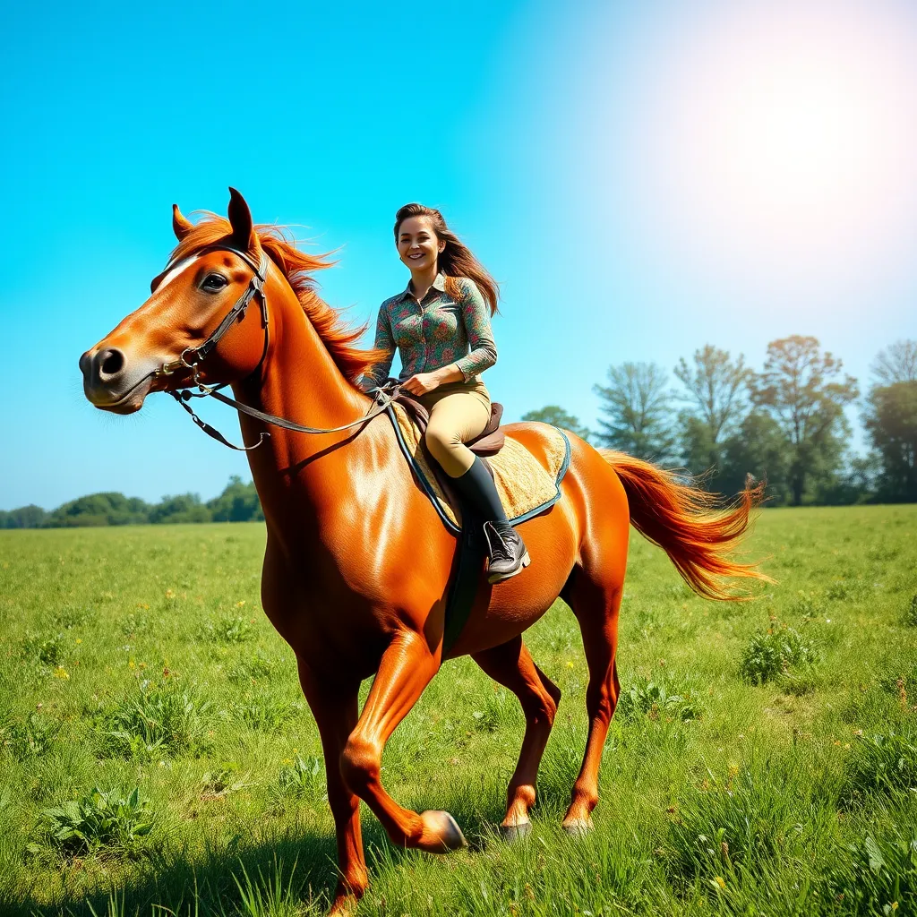 A high-quality image of a rider joyfully trotting a chestnut horse through a lush green meadow, with the sun shining brightly in a clear blue sky, showcasing the happiness of the rider in a colorful riding outfit and the horse's mane flowing in the breeze.