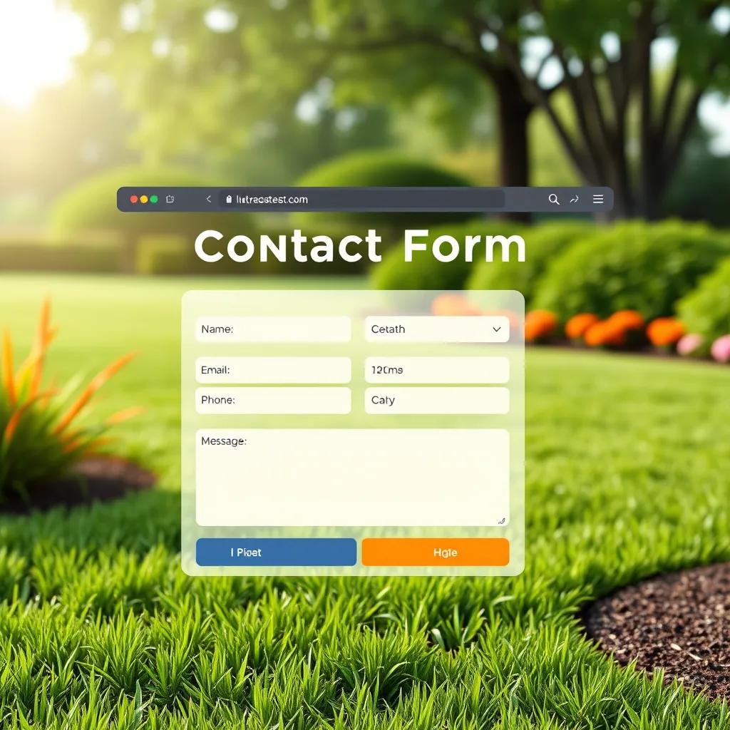 A high-quality photorealistic image of a user-friendly contact form displayed on a modern website interface. It should show fields for name, email, phone number, and a message section, with a background of a beautiful lawn to convey lawn care services.