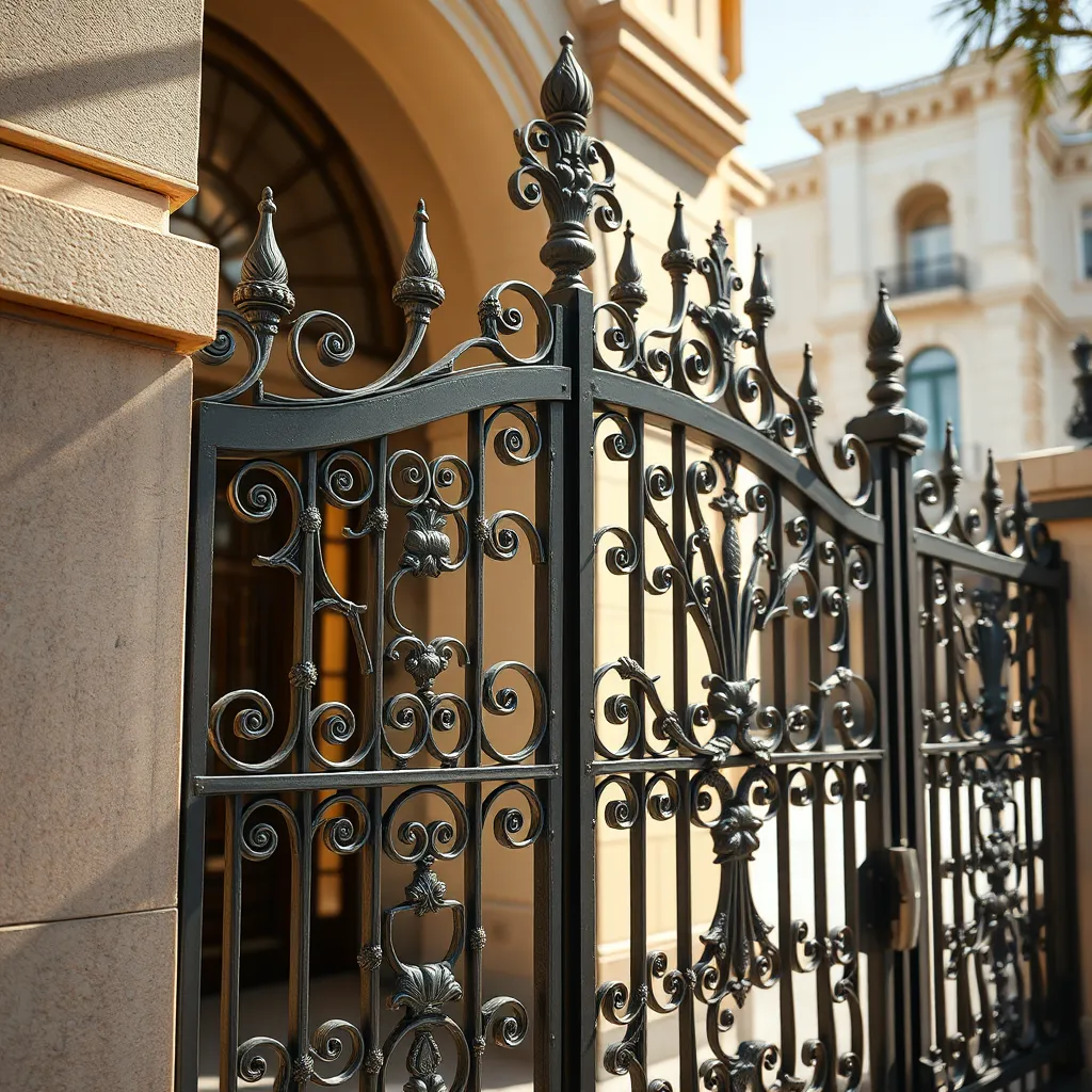 A high-resolution image of an ornate, securely installed metal gate with detailed welding work, designed in an elegant pattern. The gate is set against a backdrop of a stylish, upscale building, with sunlight casting subtle shadows to highlight intricate details.