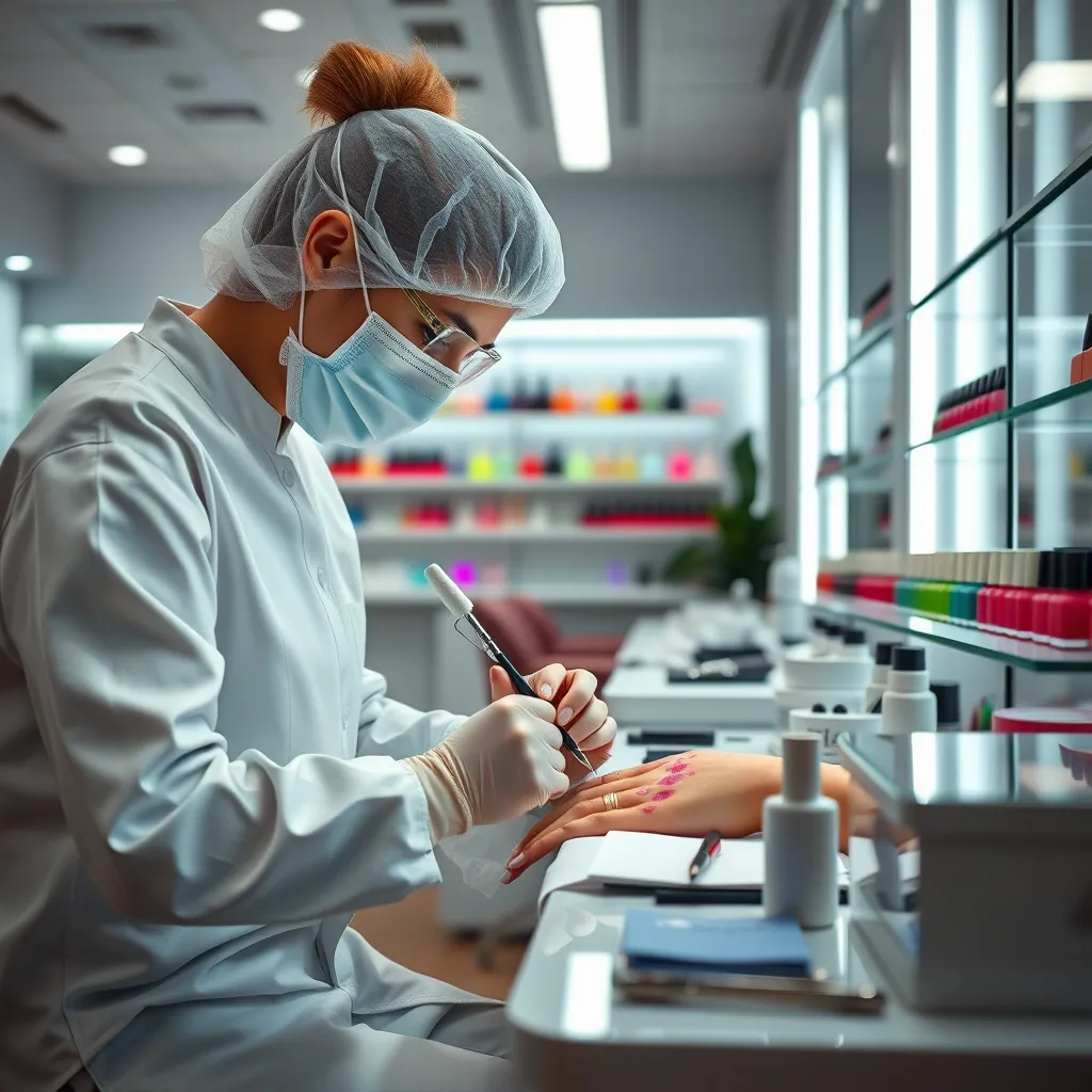 A highly skilled nail technician delicately working on a client's nails in a stylish nail salon. The scene should showcase a clean and modern environment, with tools neatly arranged, vibrant nail polish displays, and the technician focusing intently on creating intricate nail designs.