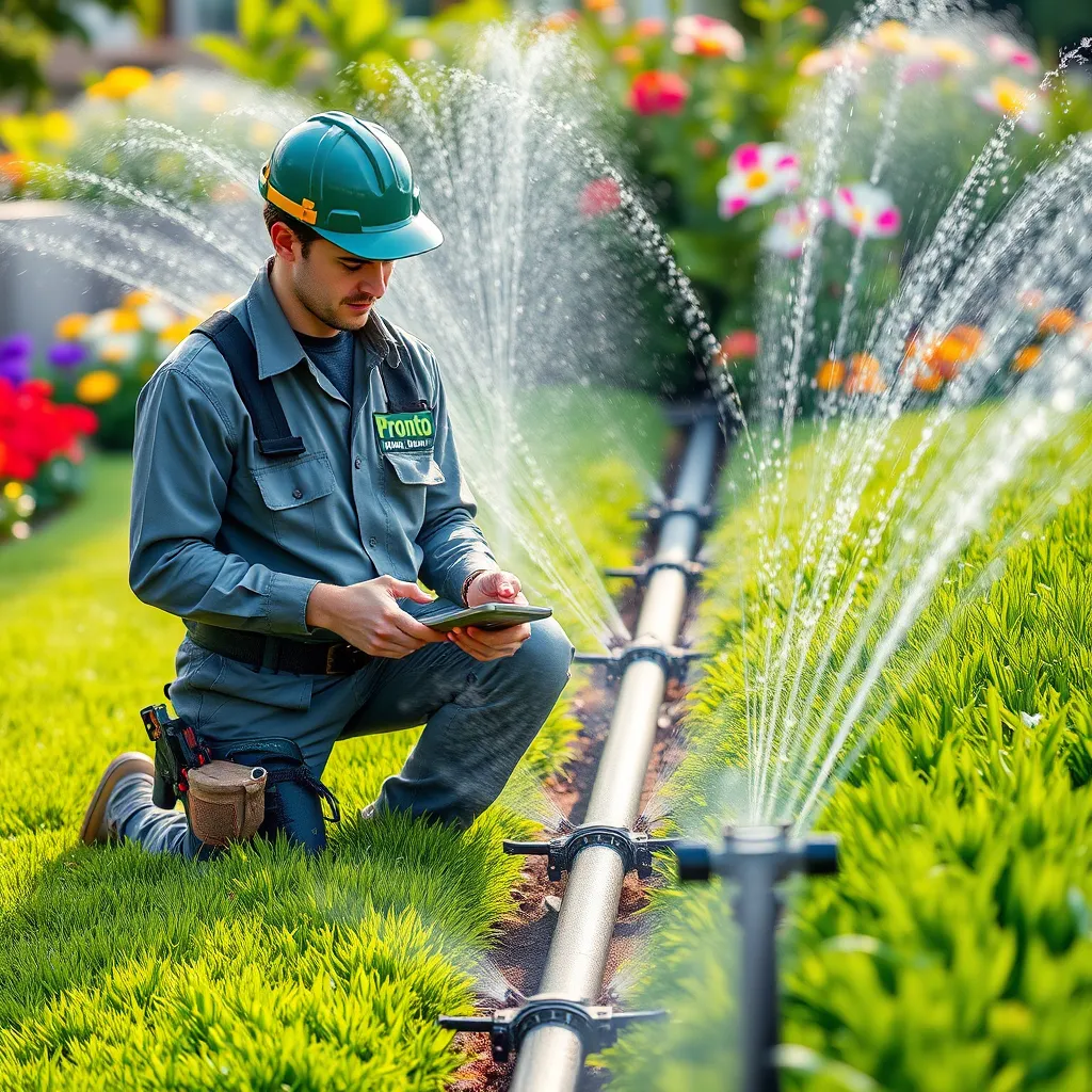 A landscape technician from Pronto Lawn Sprinklers, wearing a uniform and safety gear, inspecting a lush, green lawn while designing a sprinkler system. The scene captures tools, technology, and colorful flowers in the background, portraying a high-skilled installation process.