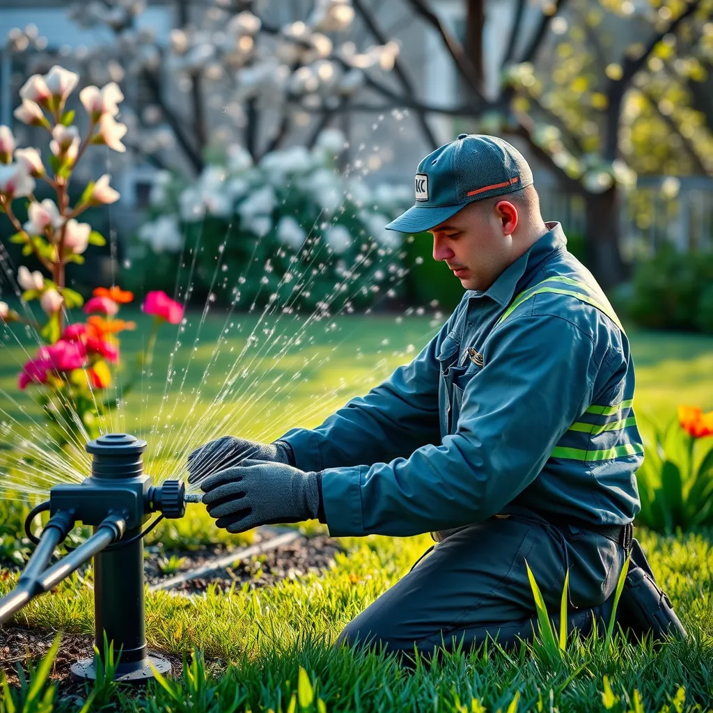 A lawn care technician performing seasonal maintenance on a sprinkler system during springtime. The background features blooming flowers and fresh greenery, illustrating the transition from winter to spring. The technician is wearing a uniform, showcasing expertise.