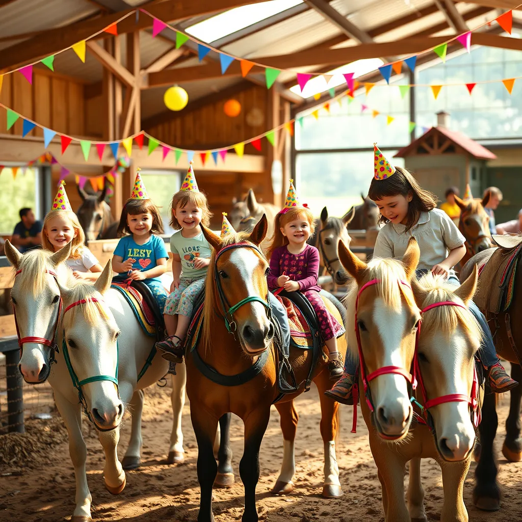 A lively children's party at a horse stable. Kids are happily riding ponies, adorned with colorful party decorations. There's laughter, cake, and a petting area with friendly horses. The stable setting is bright and festive, showcasing joy and excitement.