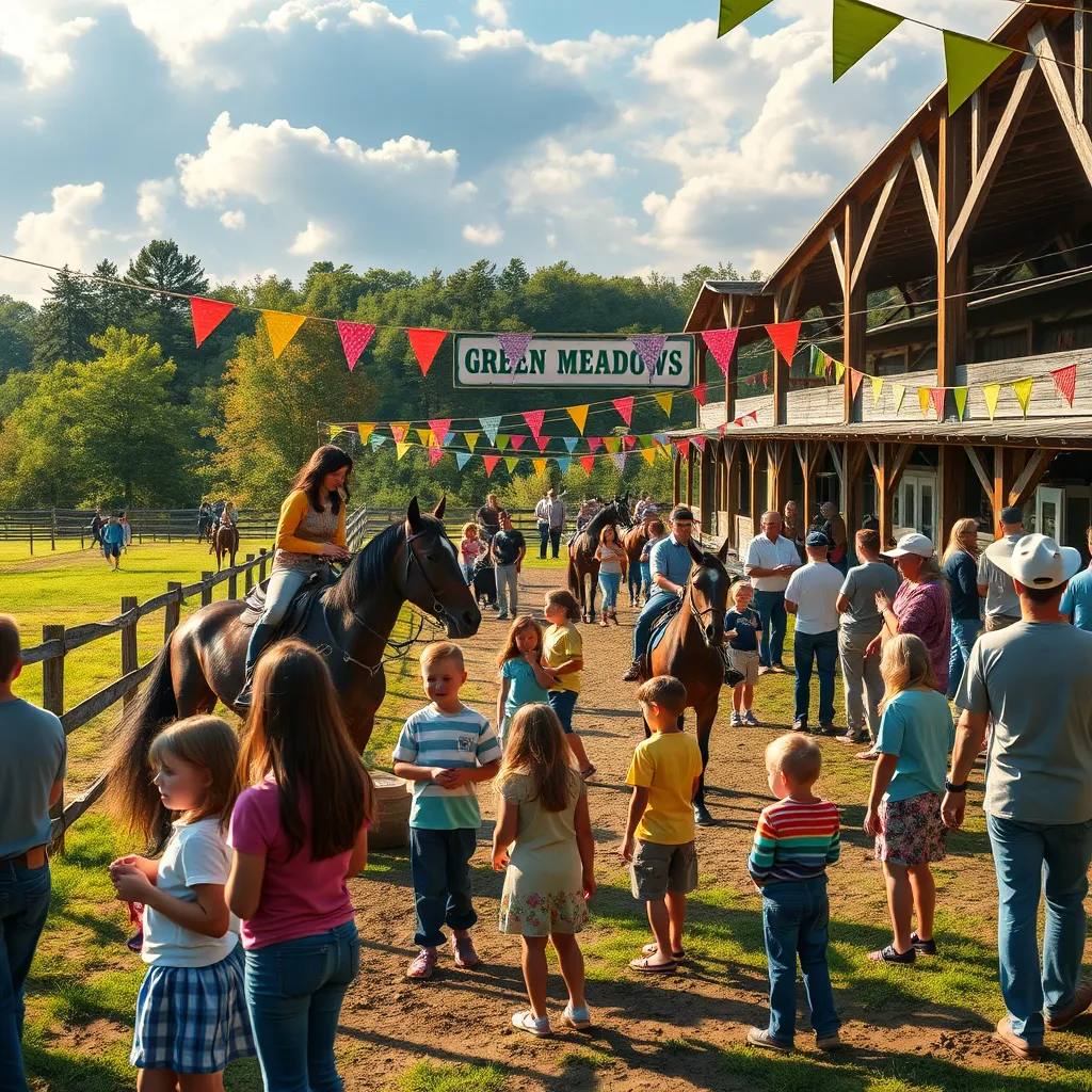 A lively community event at Green Meadow Stables, showcasing families enjoying horseback riding lessons, children interacting with ponies, and adults socializing, surrounded by beautiful landscapes, with colorful banners and decorations enhancing the atmosphere.