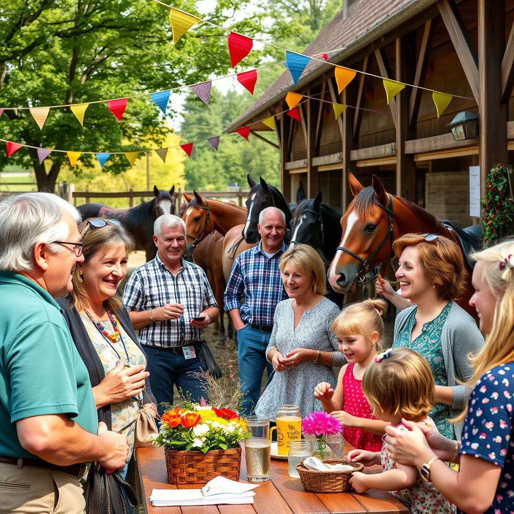 A lively outdoor event at Green Meadow Stables, showcasing horse owners and families interacting, sharing stories, and enjoying refreshments. Include horses in the background, with a communal atmosphere, vibrant decorations, and smiles all around, reflecting community spirit.