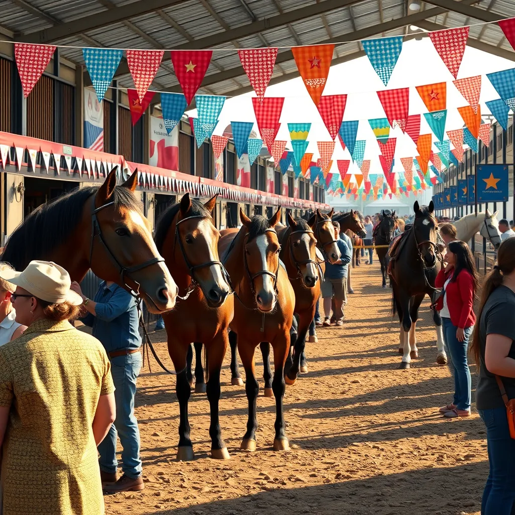 A lively scene at a horse stable event in Boston, featuring enthusiastic horse owners and riders socializing, horses being groomed, and a backdrop of beautiful stables. Colorful banners and happy faces create a sense of community and connection.