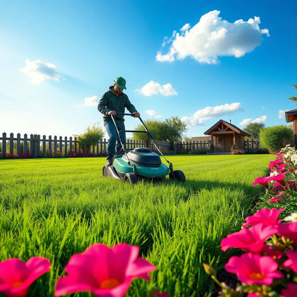 A lush, vibrant green lawn being freshly cut by a professional landscaper using a modern lawn mower. The scene is set during a sunny afternoon with soft diffused lighting, showcasing a clear blue sky occasionally dotted with fluffy white clouds. The color palette includes various shades of green in the grass, complemented by the vivid colors of blooming flowers along the garden edges. The camera angle is slightly elevated, looking down upon the cutting action, which adds depth to the image. The texture of the freshly cut grass is vivid and detailed, contrasting with the rough texture of adjacent flower beds. In the background, a quaint wooden fence and a small garden shed add charm and context. Artistic inspiration is drawn from the photographic style of Ansel Adams, ensuring hyperrealistic and ultra-detailed quality, rendered in 8K resolution.